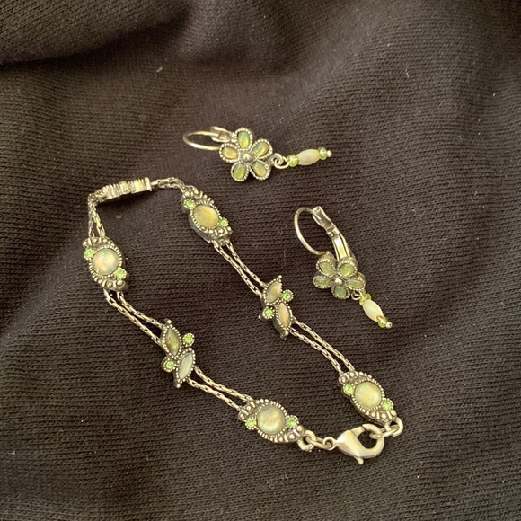 Handmade Silver Bracelet & Earrings Green & Opalescent oval round Gemstones Set - Picture 1 of 13